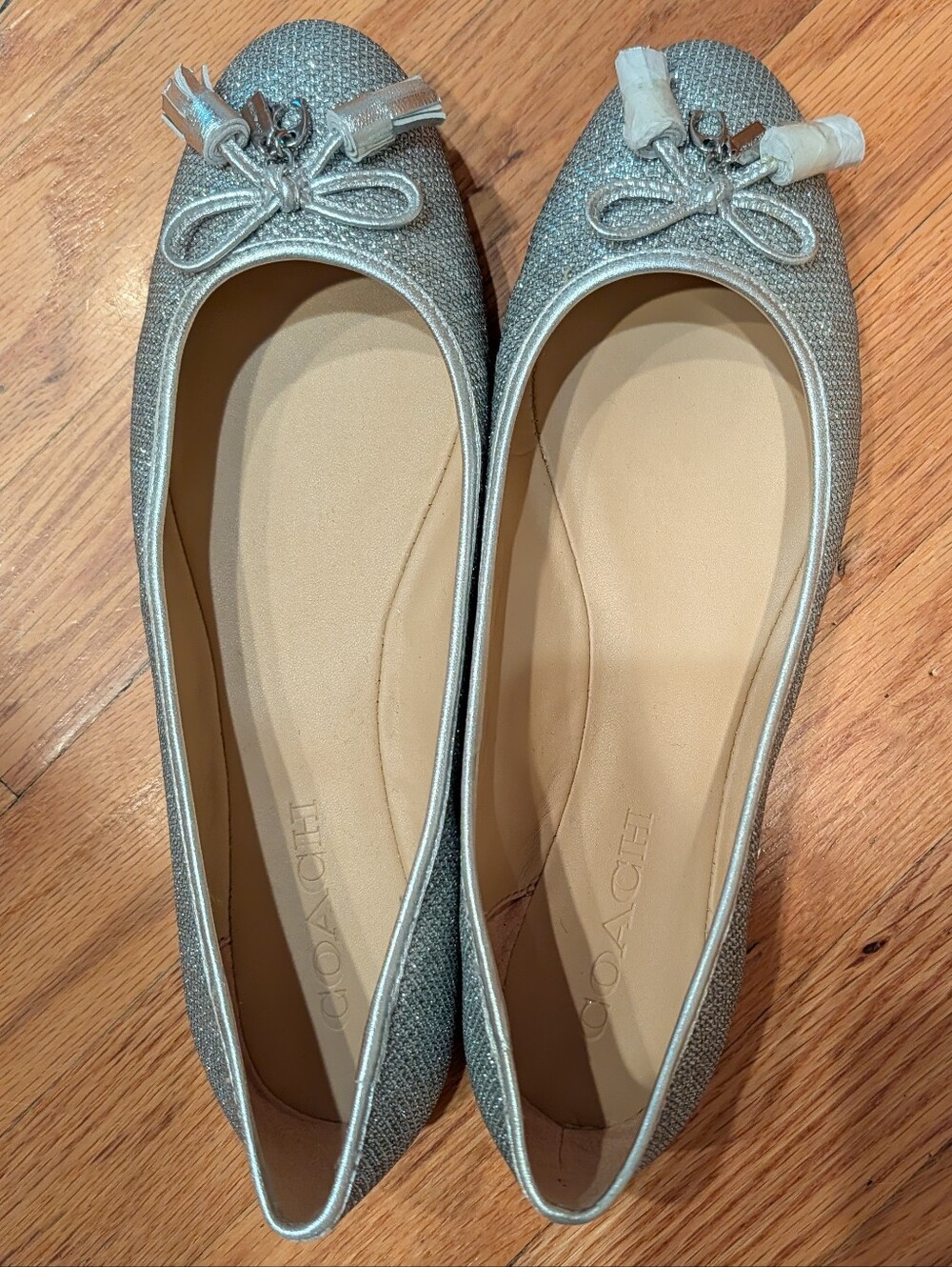 New - Coach Metallic Silver Glitter Bow Ballet Flats - Size 8.5